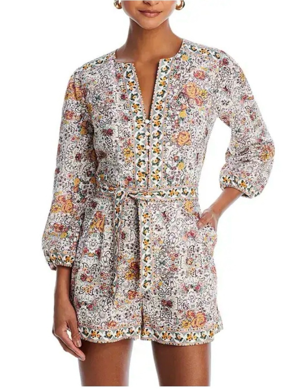 PAIGE Puglia Floral Tie-Waist 3/4 Sleeve Romper in Size 10 $279 NWT